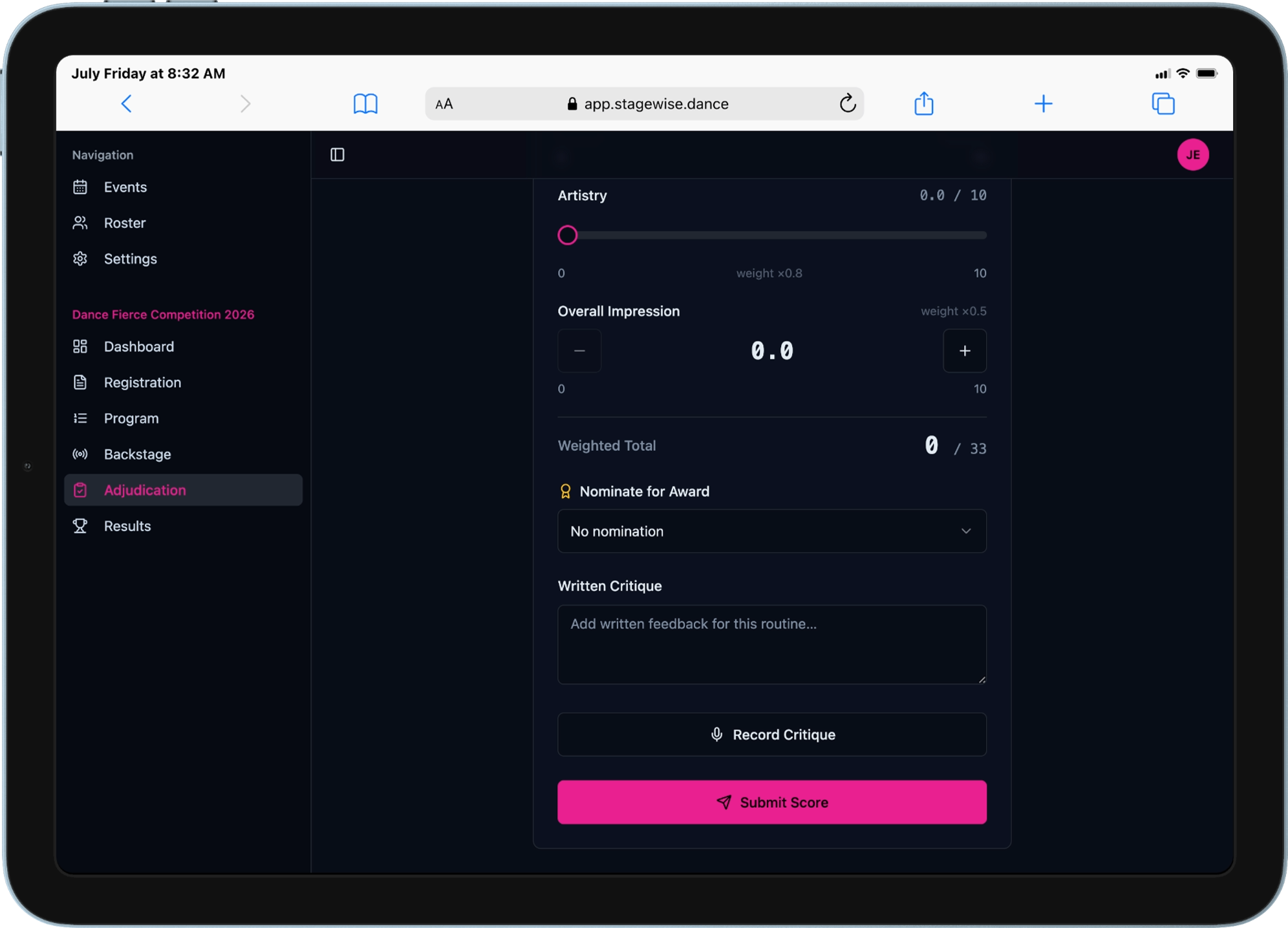 Adjudication scoring UI